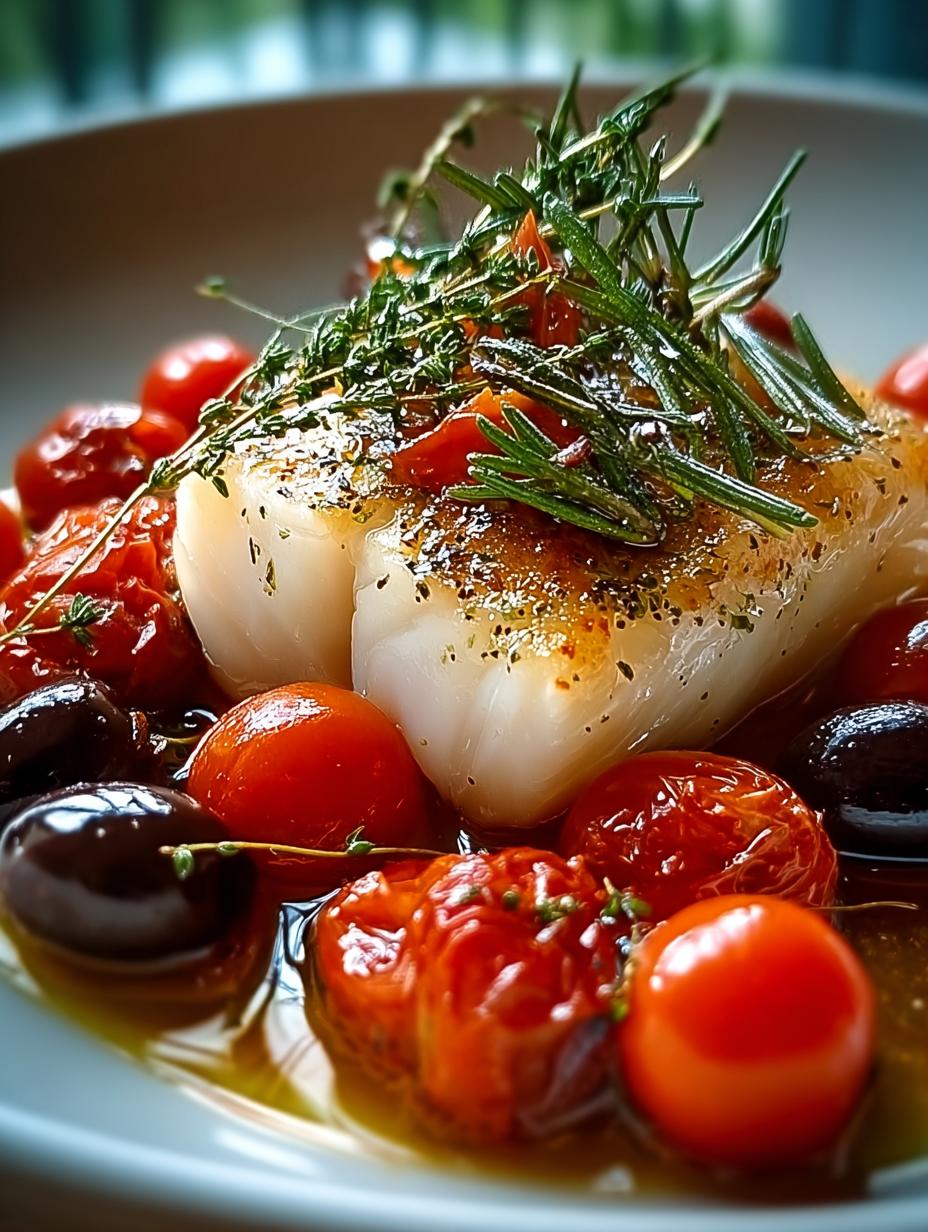 Close-up van Kabeljauw Met Tomaten Olijven, rijk aan Mediterrane smaken