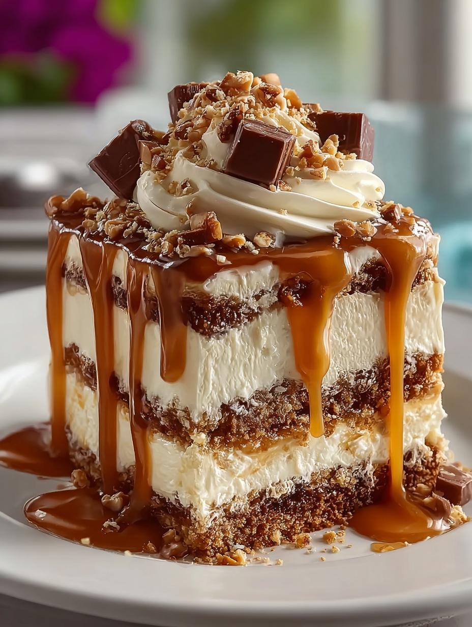 Close-up van een plak Karamell Heath Bar Poke met lagen chocoladecake, karamel, slagroom en Heath bars