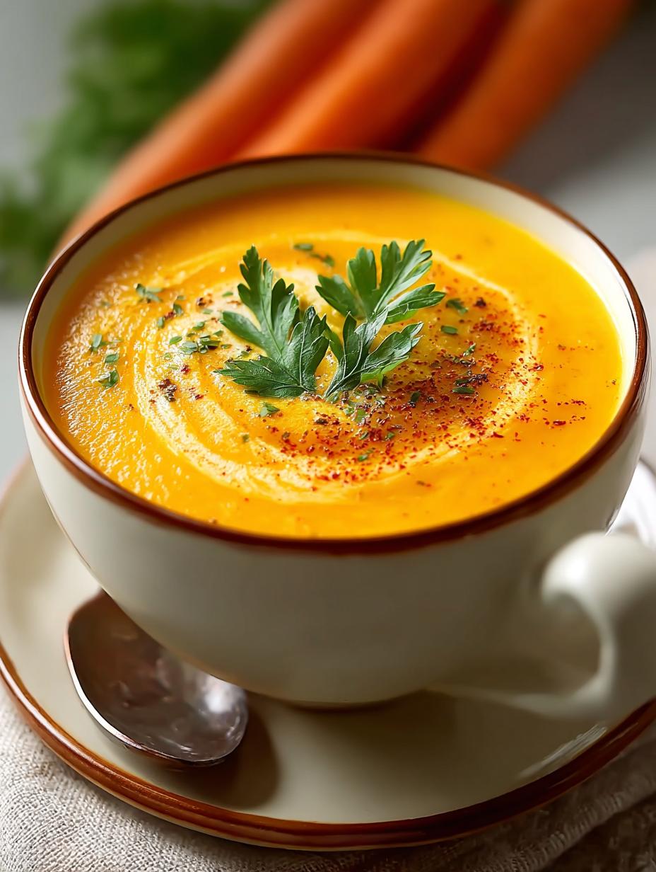 Karottencremesuppe: 7 wonderen in één pot 5 Heerlijke Karottencremesuppe in een kom, klaar om te serveren, met verse kruiden als garnering