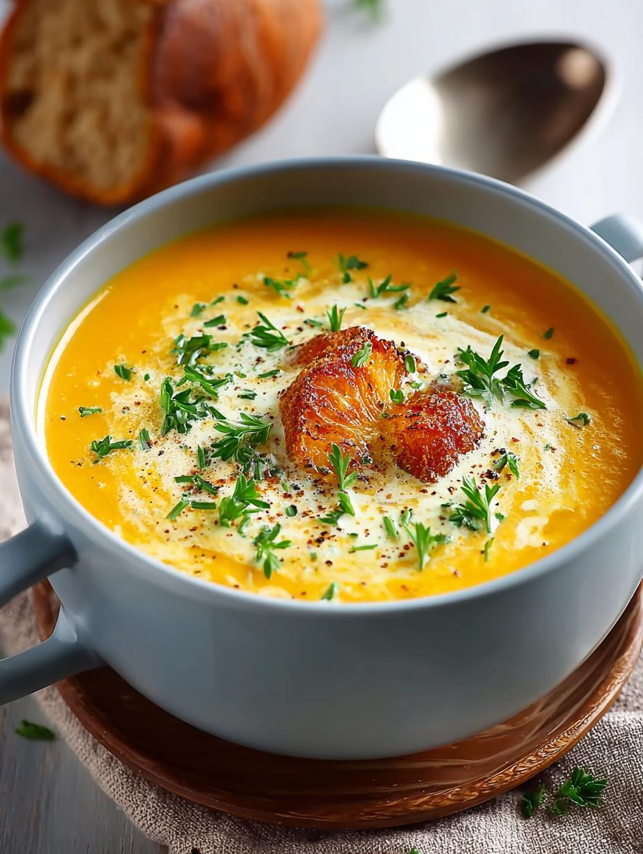 Karottencremesuppe: 7 wonderen in één pot 6 Kom Karottencremesuppe met een lepel, klaar om te eten, met een romige textuur