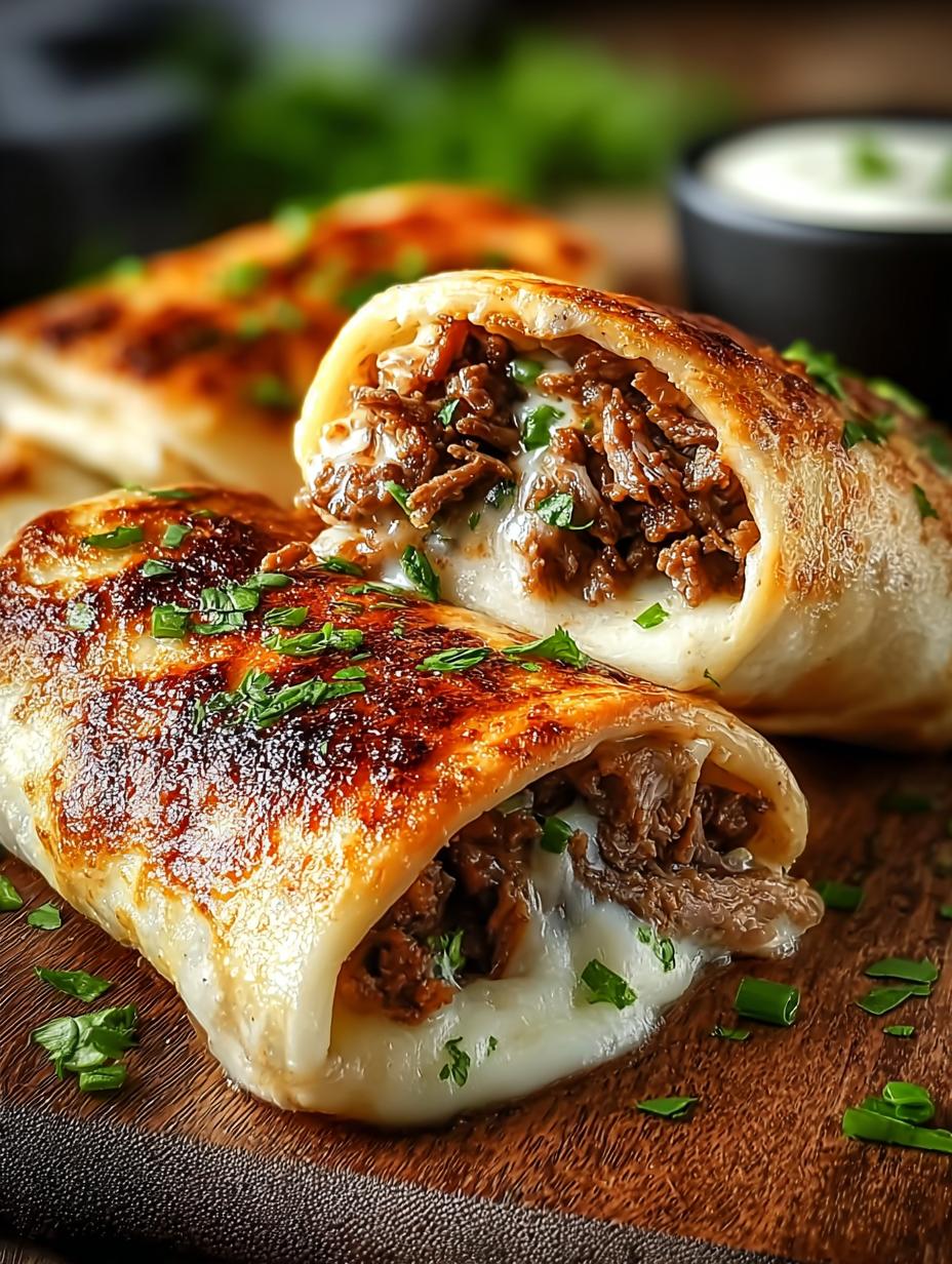 Close-up van perfect gerolde Keto Philly Cheesesteak Rolls, klaar om te serveren
