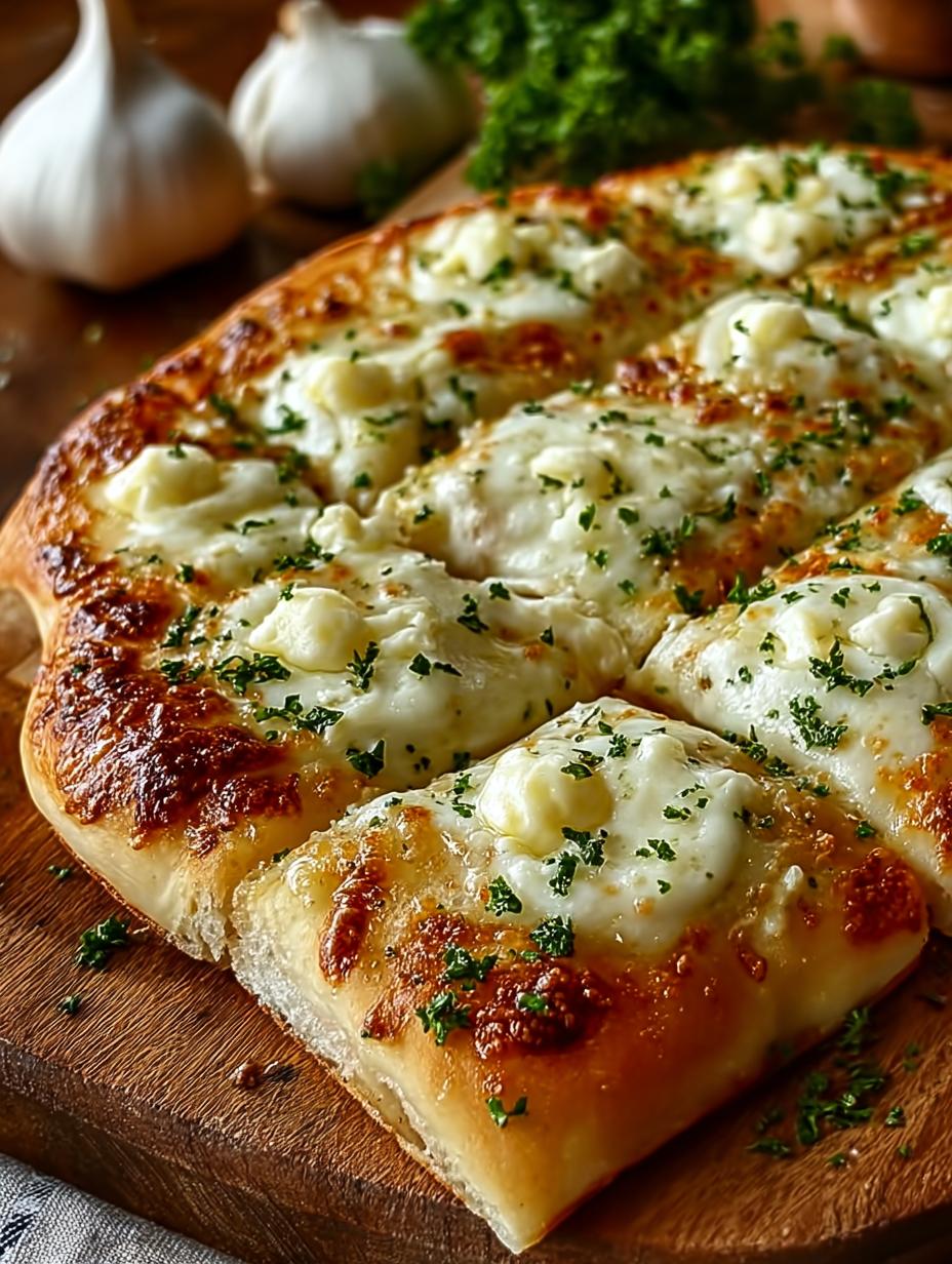 Heerlijk goudbruin Knoblauch Kaese Fladenbrot, vers uit de oven, met gesmolten kaas en knoflook