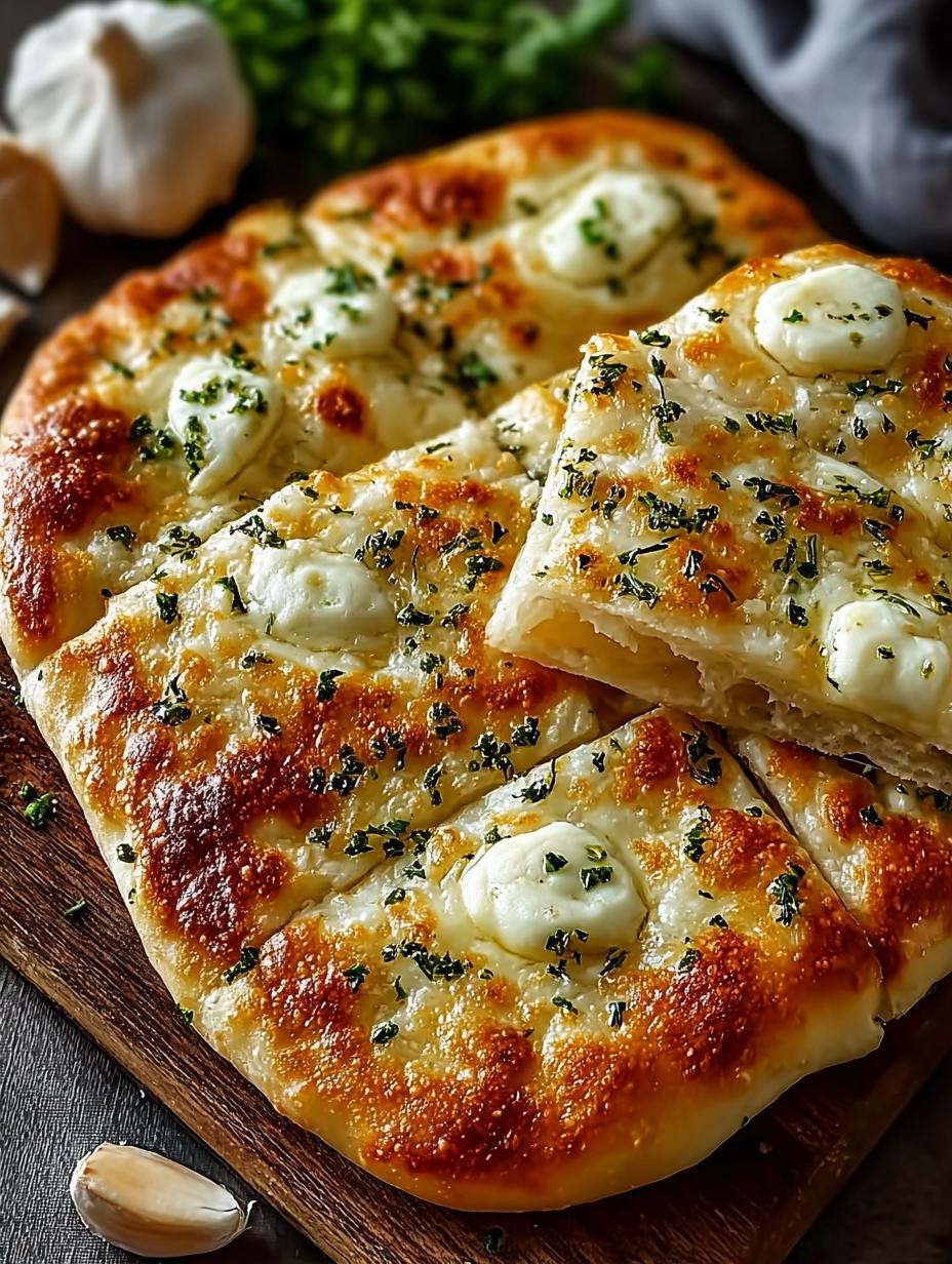 Gesneden Knoblauch Kaese Fladenbrot op een houten plank, klaar om te serveren, met een focus op de knapperige korst en gesmolten kaas