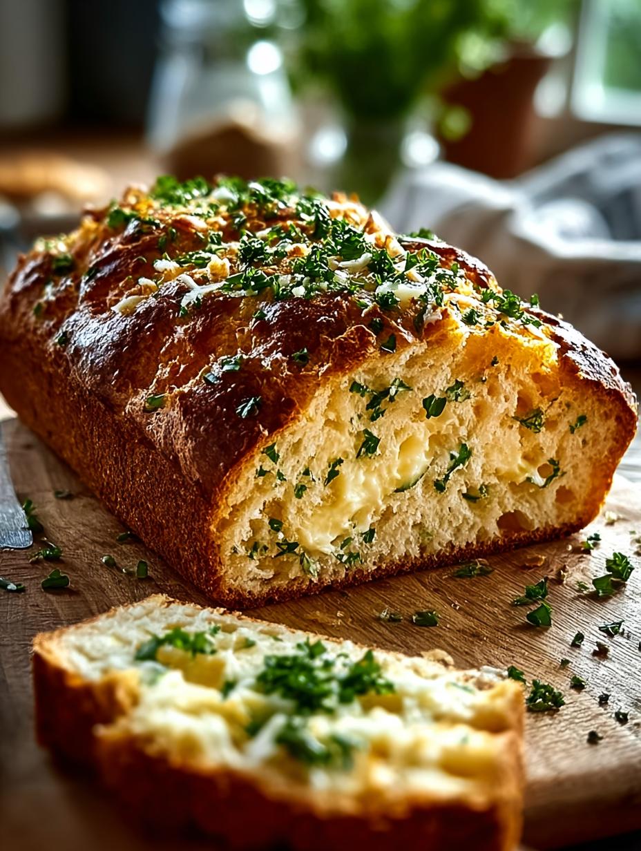 Heerlijk goudbruin Krauter Kase Schnellbrot, vers uit de oven, gesneden in plakken met zichtbare kruiden en gesmolten kaas