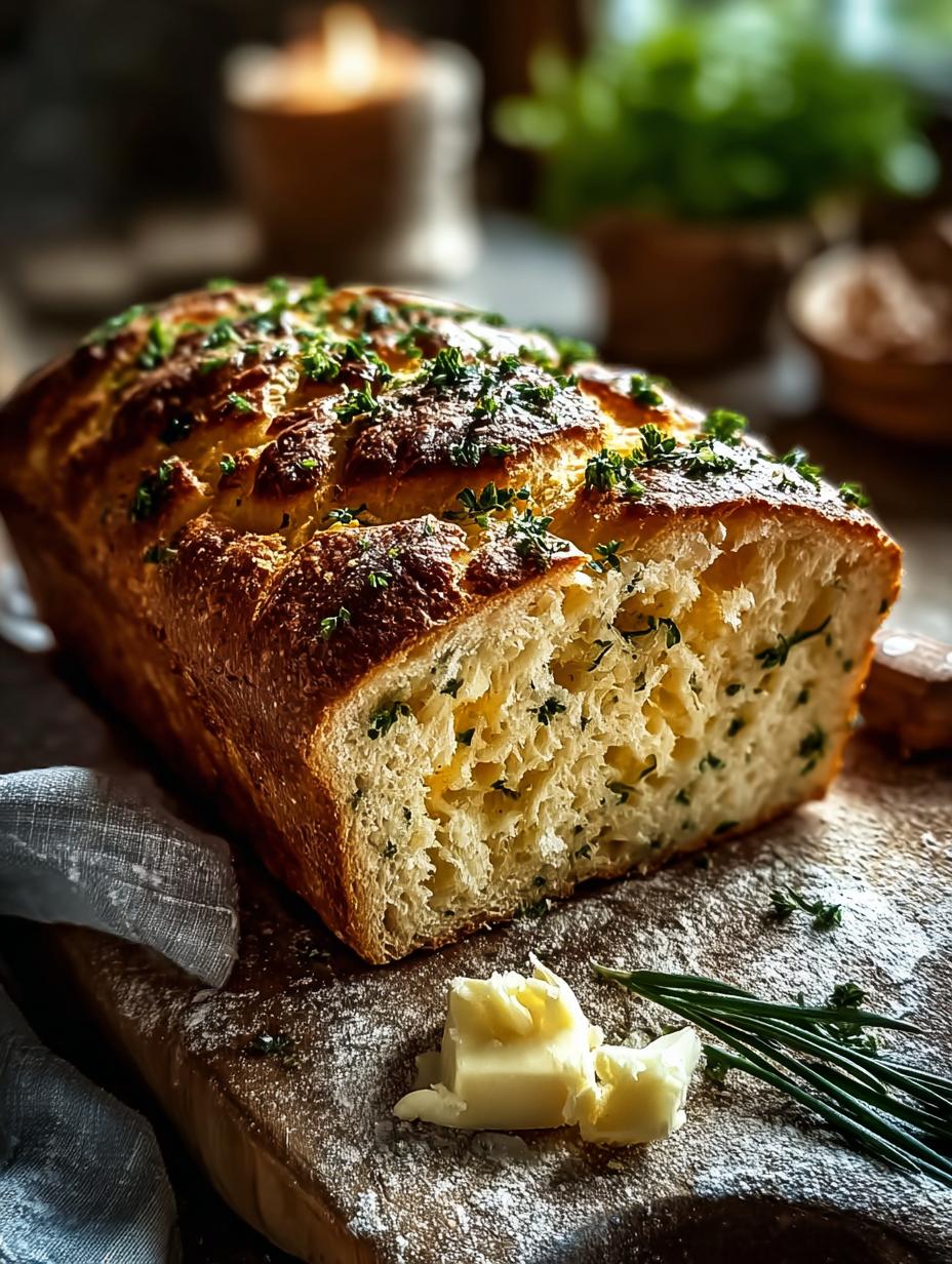 Close-up van een plak Krauter Kase Schnellbrot met gesmolten kaas en groene kruiden, klaar om te eten