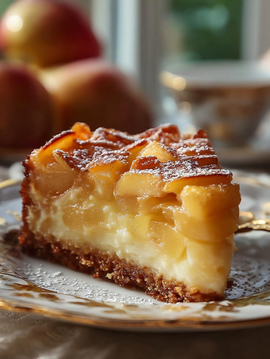 Close-up van een plak Kuchen Fondant Met Apfel met zichtbare appelstukjes en een zachte textuur