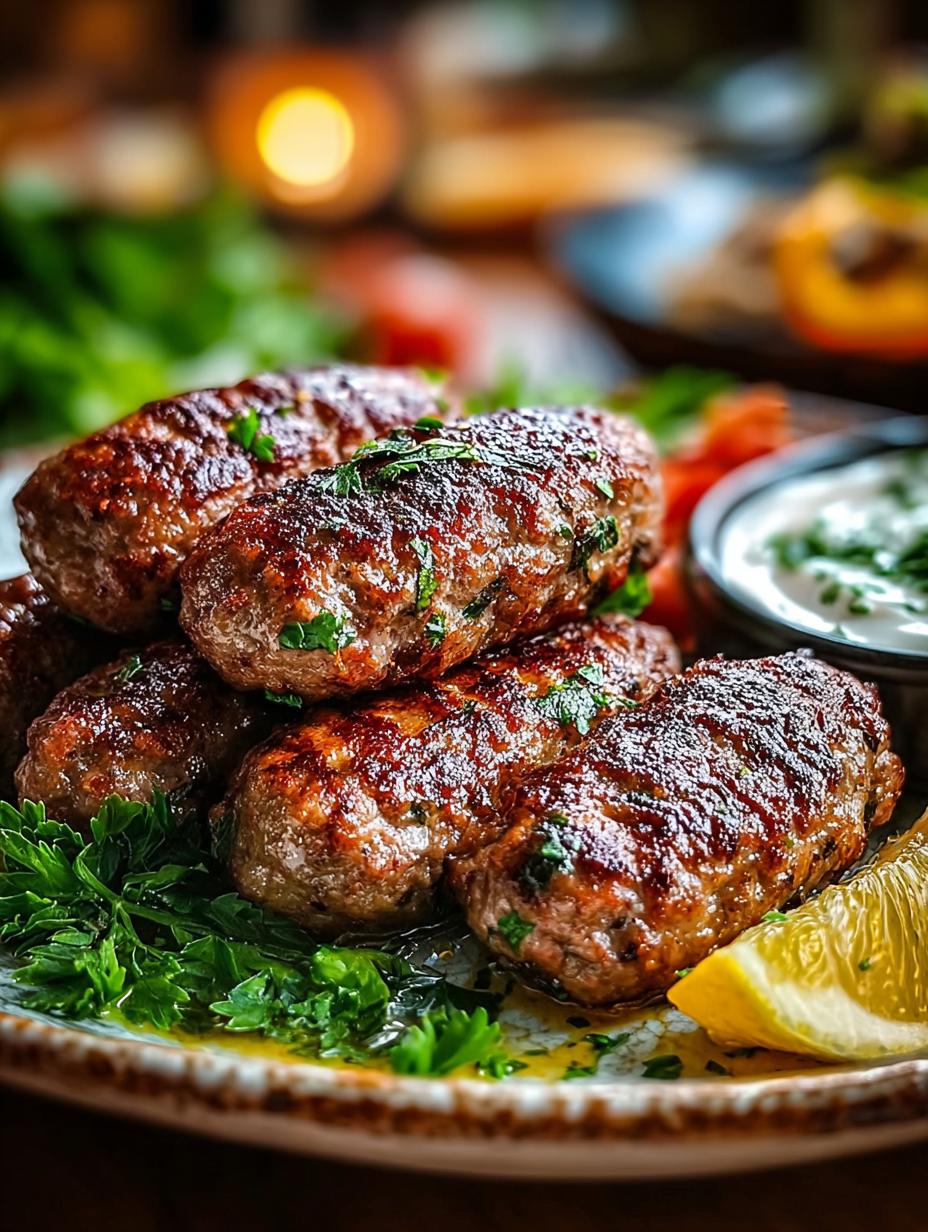 Close-up van sappige Libanese Kafta op een bedje van rijst met verse kruiden en een schijfje citroen, klaar om te serveren.
