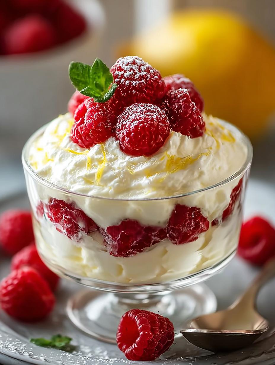 Verrukkelijke Lemon Raspberry Fluff in glazen potjes, gegarneerd met verse frambozen en muntblaadjes, klaar om te serveren.