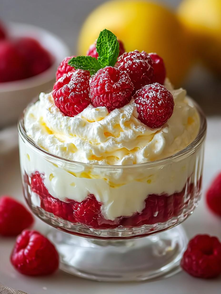 Close-up van een portie Lemon Raspberry Fluff met lagen van romige citroenfluff en geprakte frambozen, klaar om te eten.