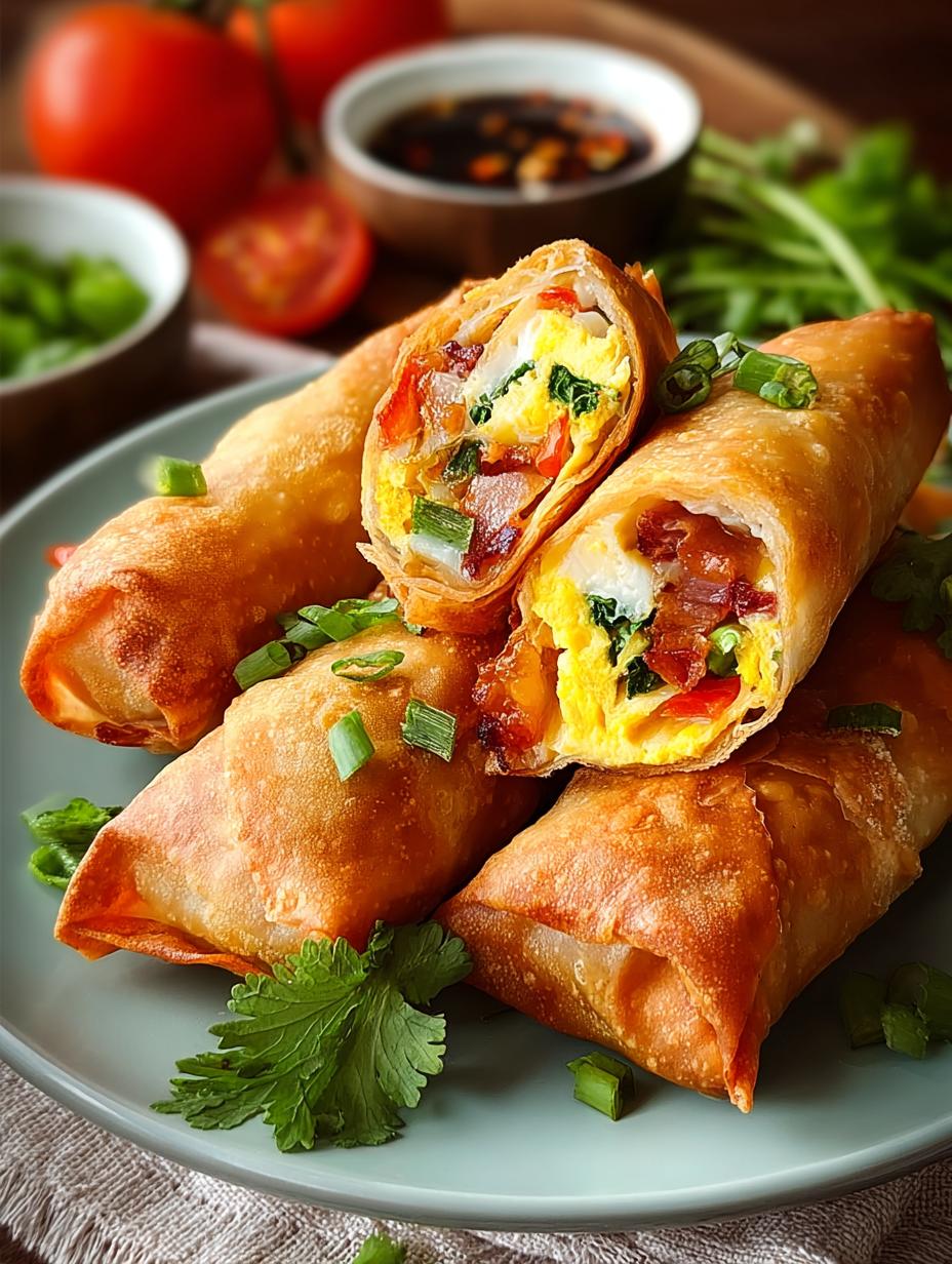 Heerlijke Loaded Breakfast Egg Rolls, goudbruin en knapperig, klaar om geserveerd te worden.