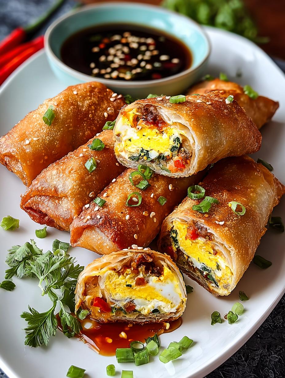 Close-up van een perfect gebakken Loaded Breakfast Egg Roll met een gouden korst.