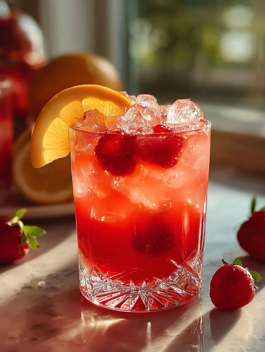 Levendige Love Potion Punch Cocktail met verse aardbeien en sinaasappelschijfjes in een grote glazen kan, klaar om te serveren op een feestje.