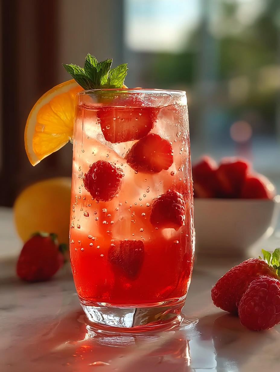 Close-up van een verfrissende Love Potion Punch Cocktail in een glas, gegarneerd met verse aardbeien en een schijfje sinaasappel, met bubbels zichtbaar.