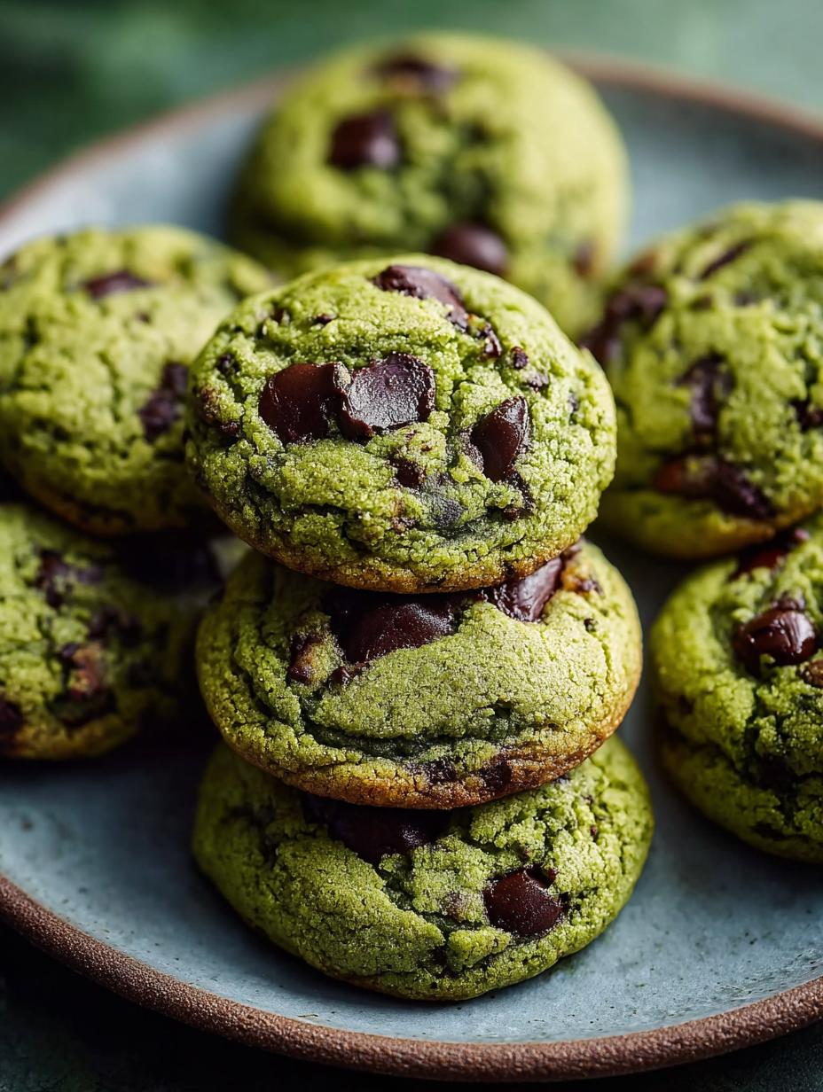 Heerlijke Matcha Chocolade Chip Koekjes vers gebakken op een bakplaat, klaar om van te genieten
