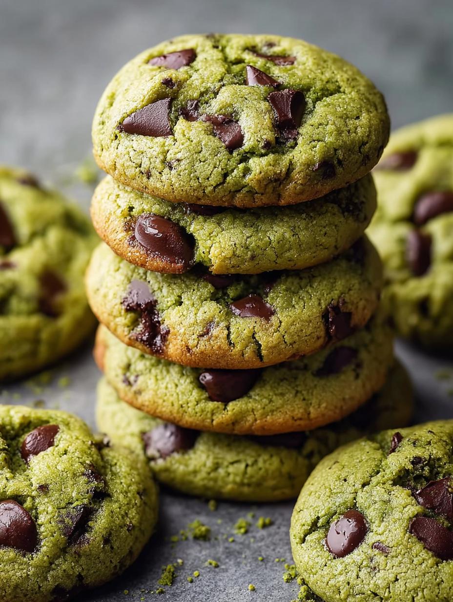 Close-up van een stapel Matcha Chocolade Chip Koekjes met gesmolten chocolade, klaar om te eten