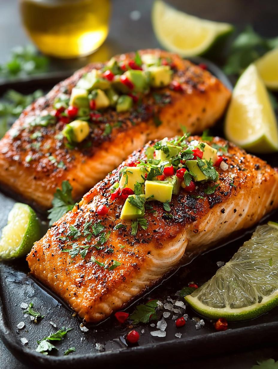 Mexicaanse Zalm: Ongelooflijke smaken in 8 min - main visual representation van een perfect gebakken zalmfilet met avocadosaus en verse kruiden