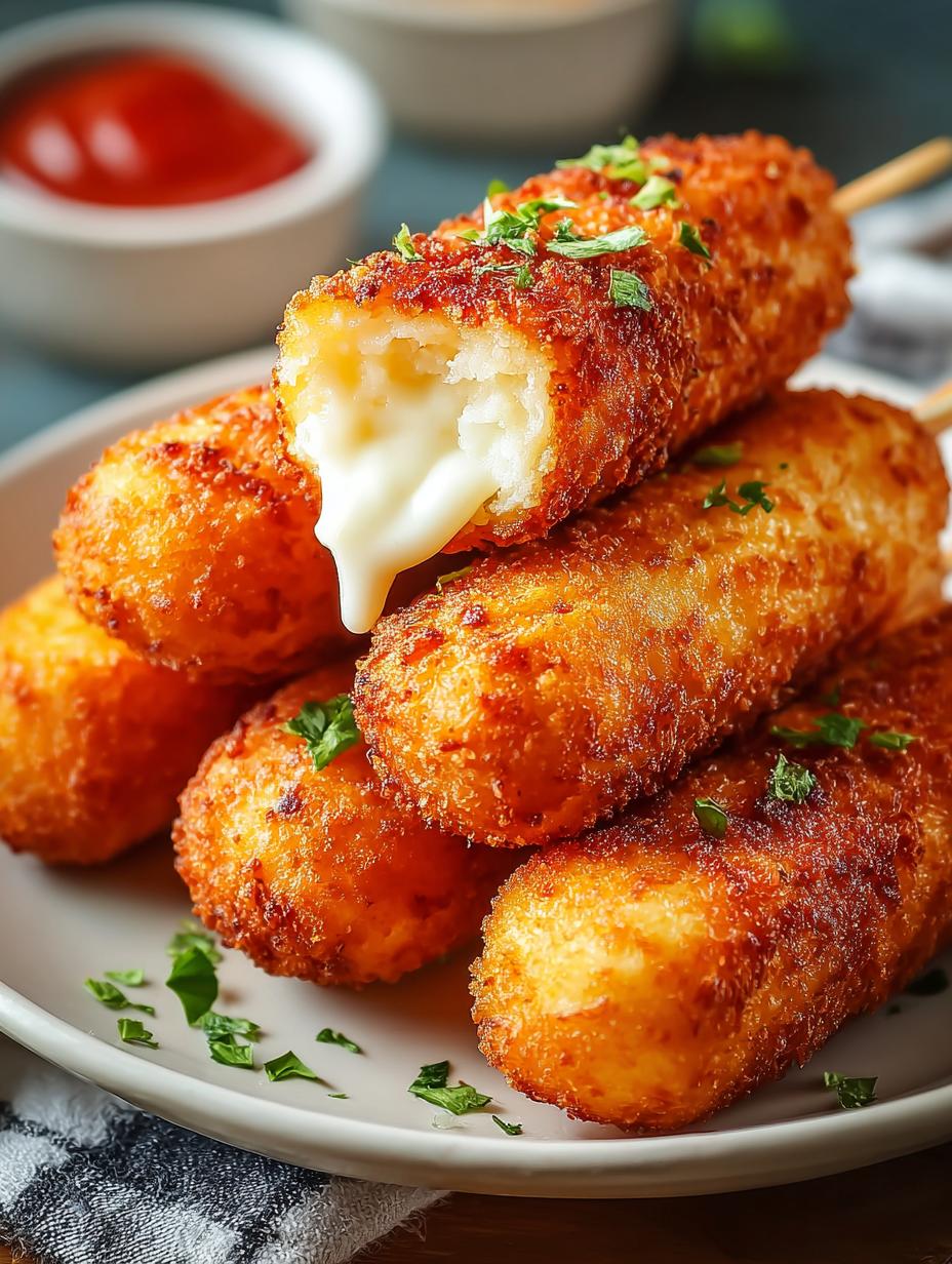 Heerlijke Mozzarella Corn Dogs met gesmolten kaas en knapperig beslag, klaar om te serveren