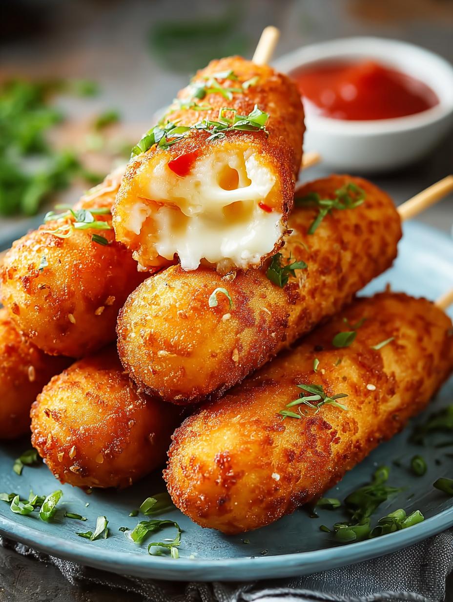 Close-up van een perfect gefrituurde Mozzarella Corn Dog met uitgerekte kaas