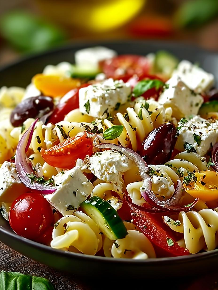 Heerlijke Nudelsalat Mit Feta Und met verse groenten en romige feta, perfect voor een zomerse maaltijd