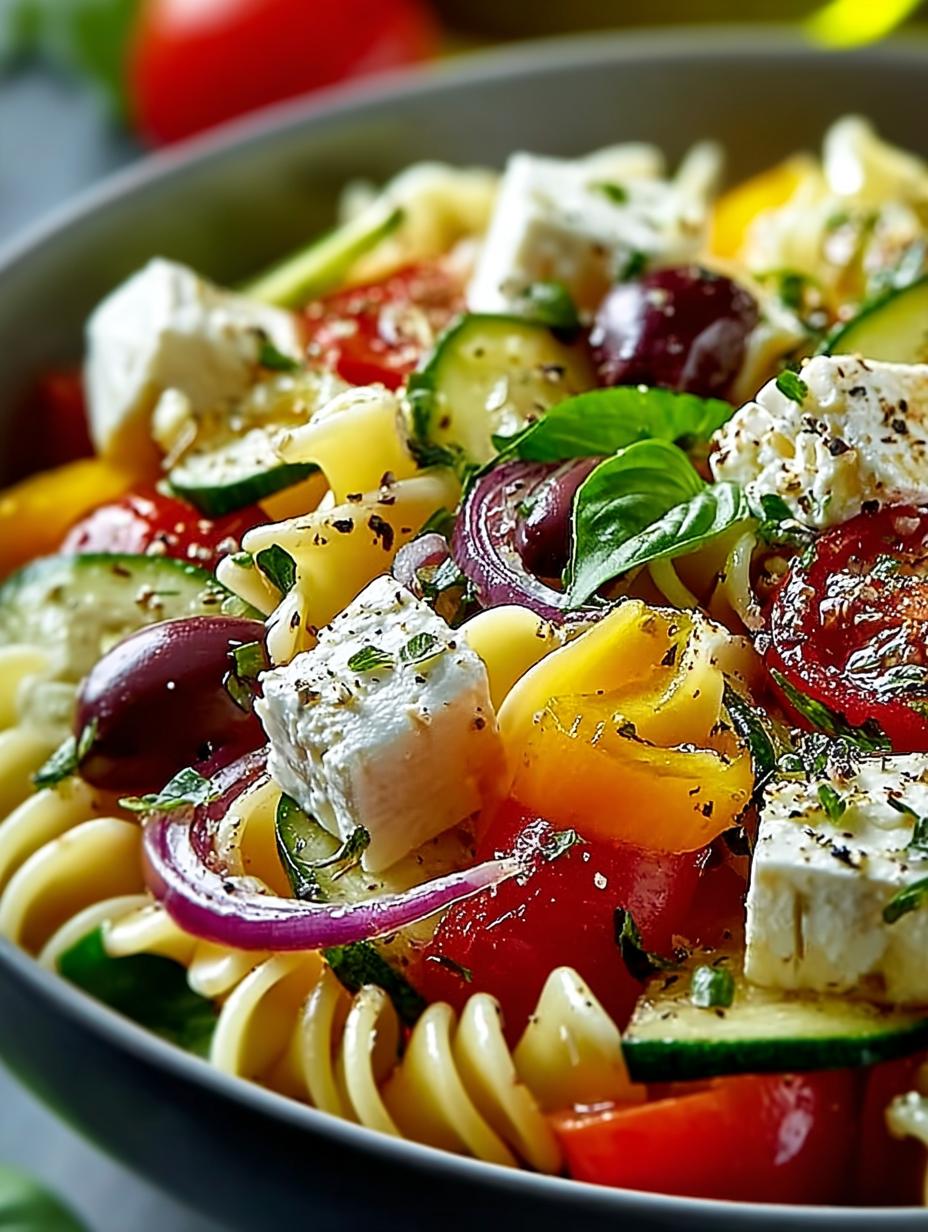 Close-up van Nudelsalat Mit Feta Und met levendige kleuren van tomaten, komkommer en feta