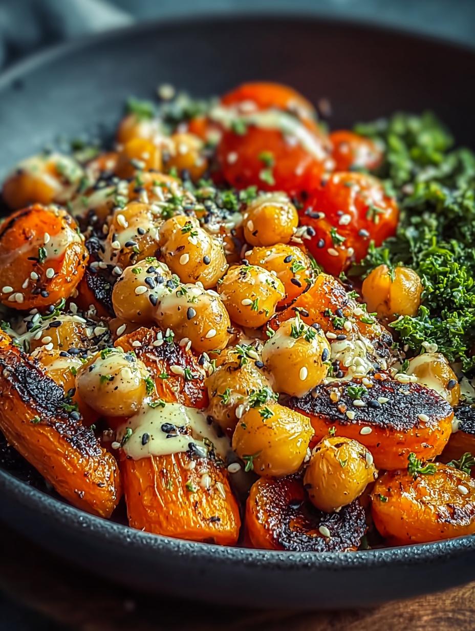 Close-up van perfect geroosterde wortels en kikkererwten, onderdeel van de One Pan Roasted Carrot maaltijd