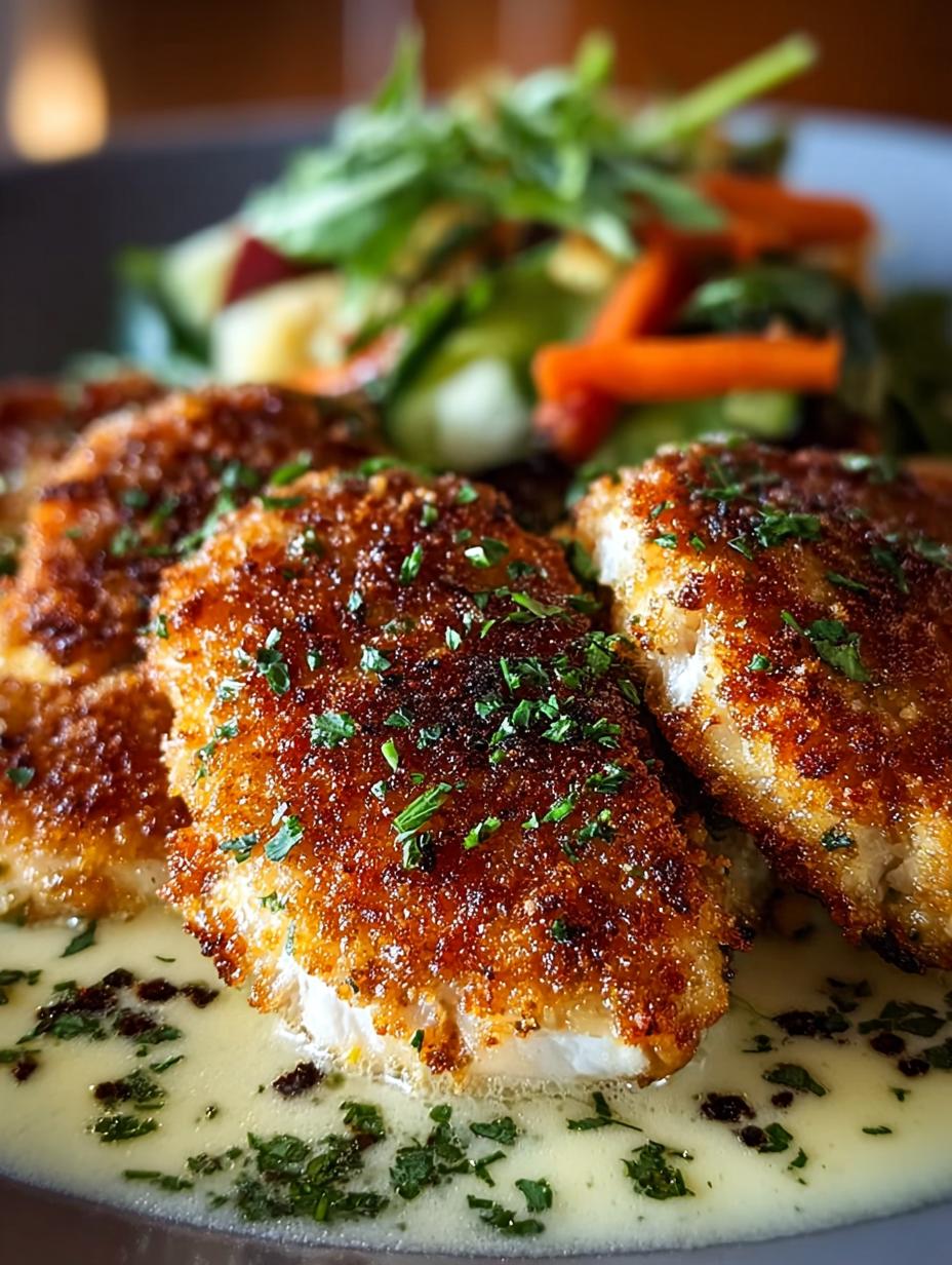 Heerlijke goudbruine Parmesan Krusten Hahnchen op een bord, klaar om te serveren