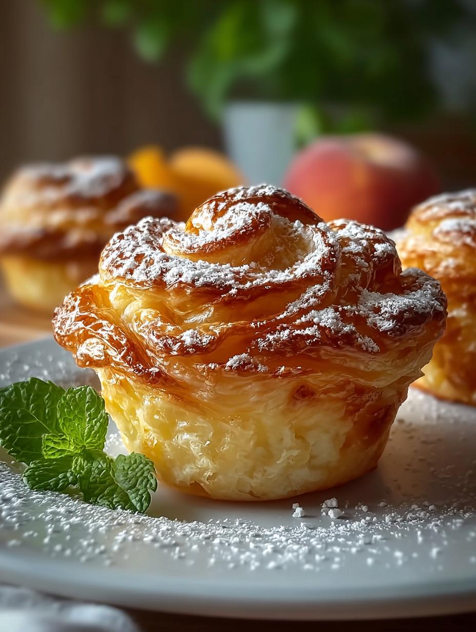 Heerlijke goudbruine Pfirsich Pie Cruffins vers uit de oven, perfect gebakken en klaar om te eten.