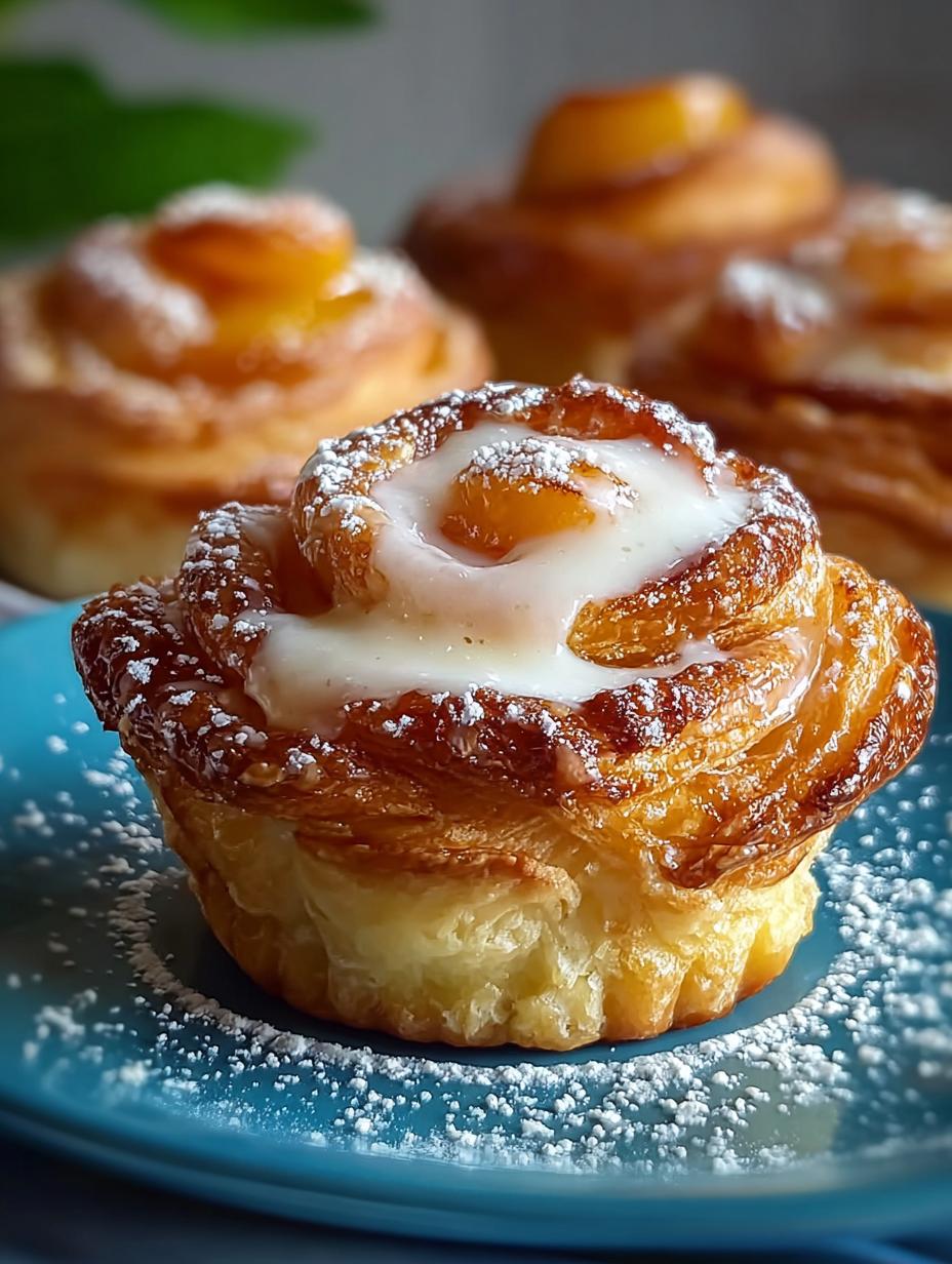 Close-up van een perfect gebakken Pfirsich Pie Cruffin met een gouden korst en sappige perzikvulling.