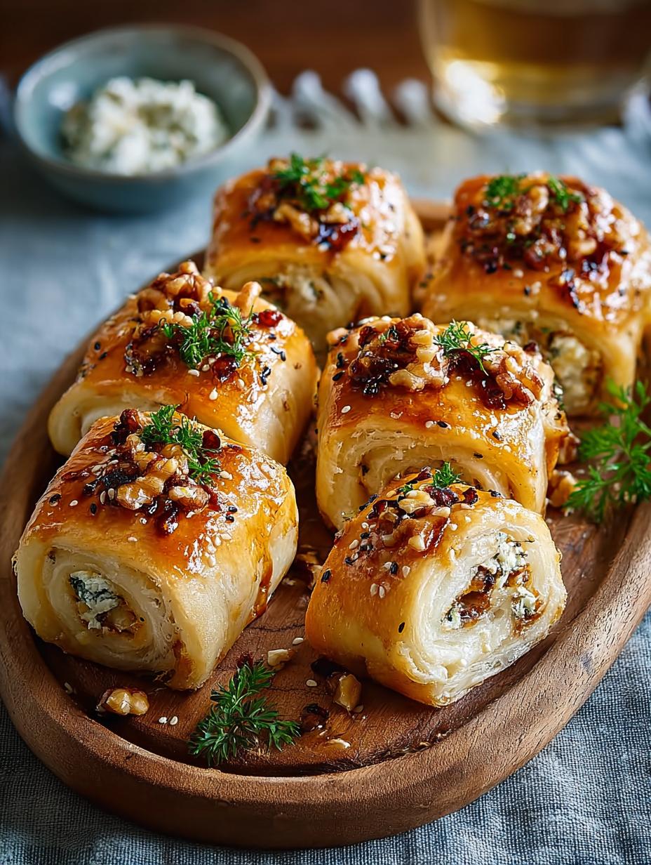 Close-up van Pickled Walnut Cheese Rolls met een gouden korst en zichtbare vulling, klaar om te serveren