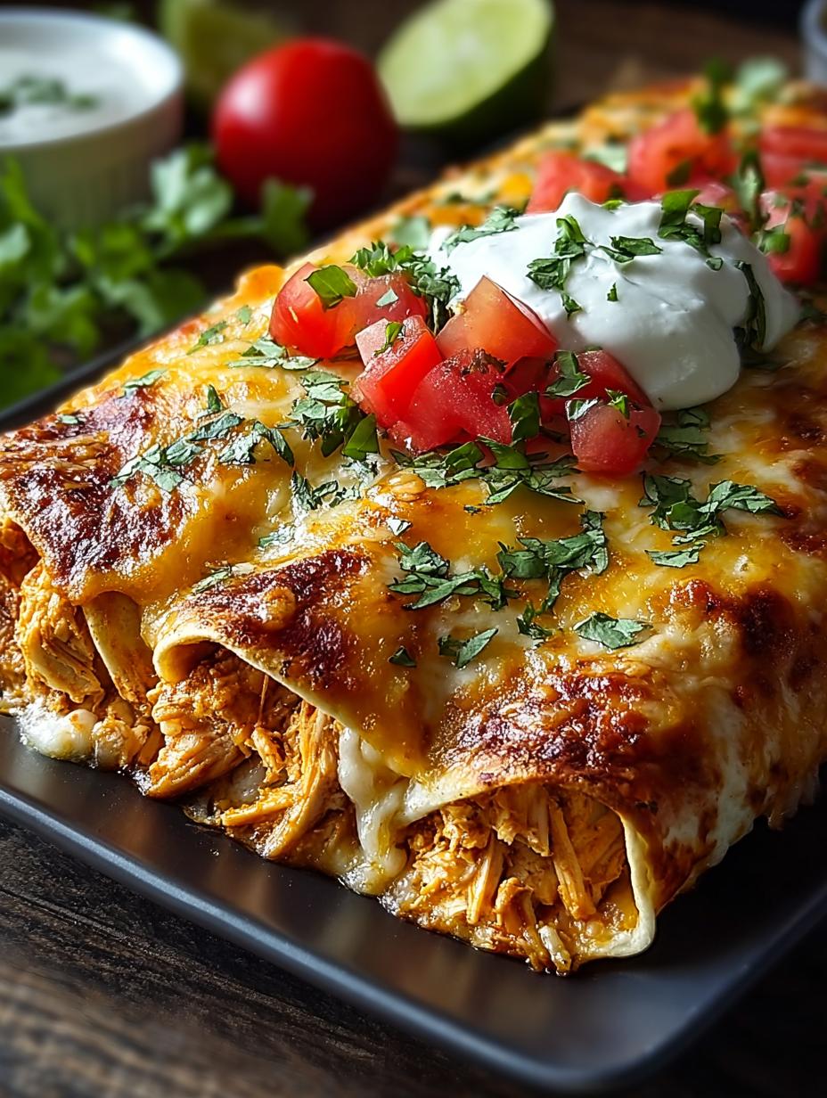 Queso Chicken Enchiladas: 8x Comfort Food Magie! 6 Close-up van Queso Chicken Enchiladas met gesmolten kaas en verse koriander, klaar om te eten.