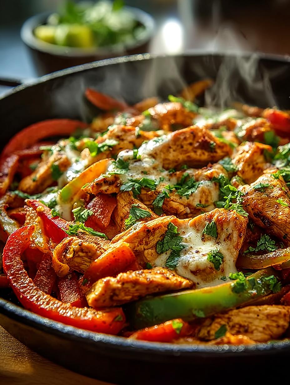 Verrukkelijke Queso Hühnchen Fajita Pfanne met malse kip, paprika en romige queso, klaar om te serveren