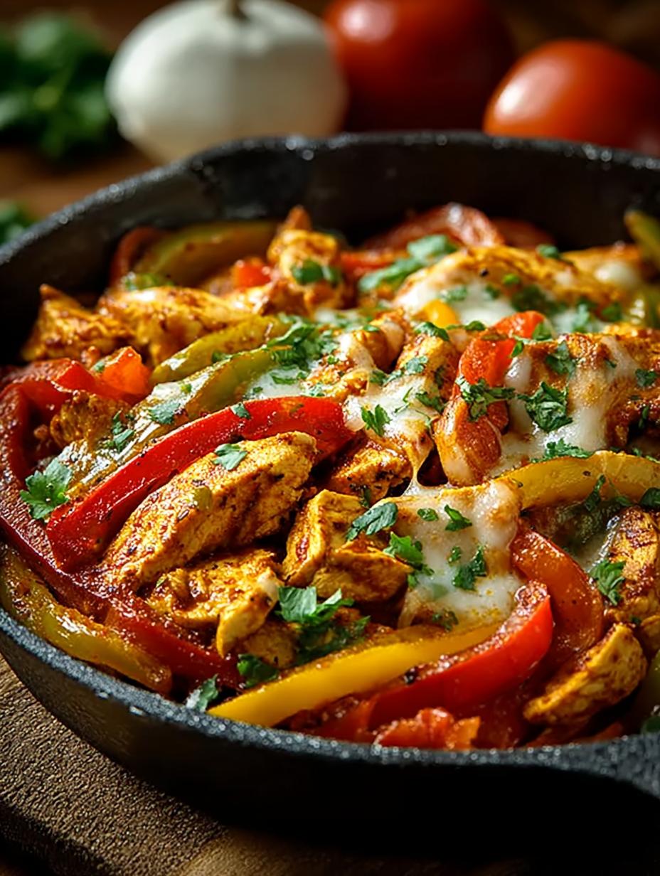 Close-up van de Queso Hühnchen Fajita Pfanne met gesmolten queso en verse koriander, klaar om te proeven