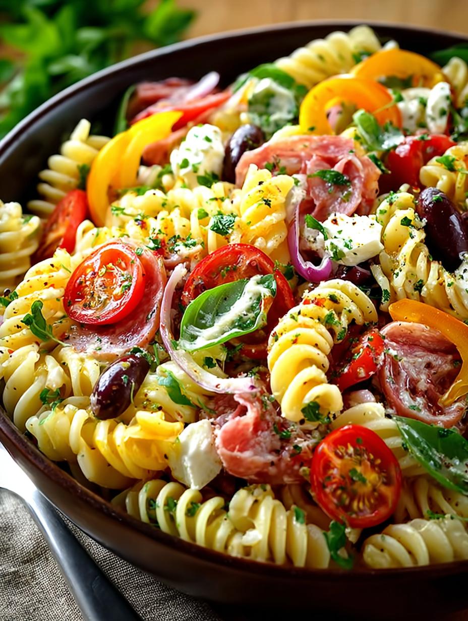 Levendige Rainbow Antipasto Pasta Salad met kleurrijke groenten en pasta, klaar om te serveren