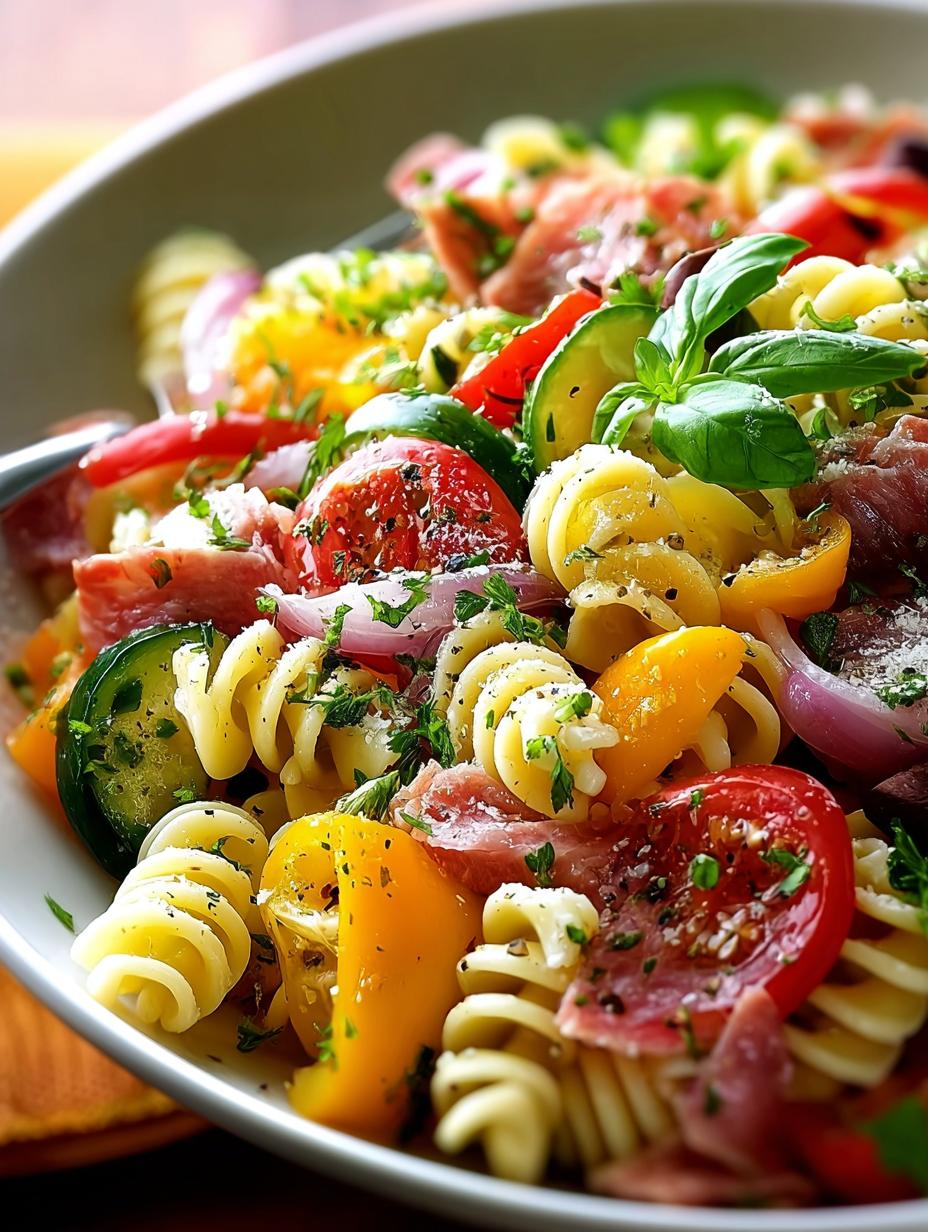 Close-up van een portie Rainbow Antipasto Pasta Salad met diverse groenten en dressing