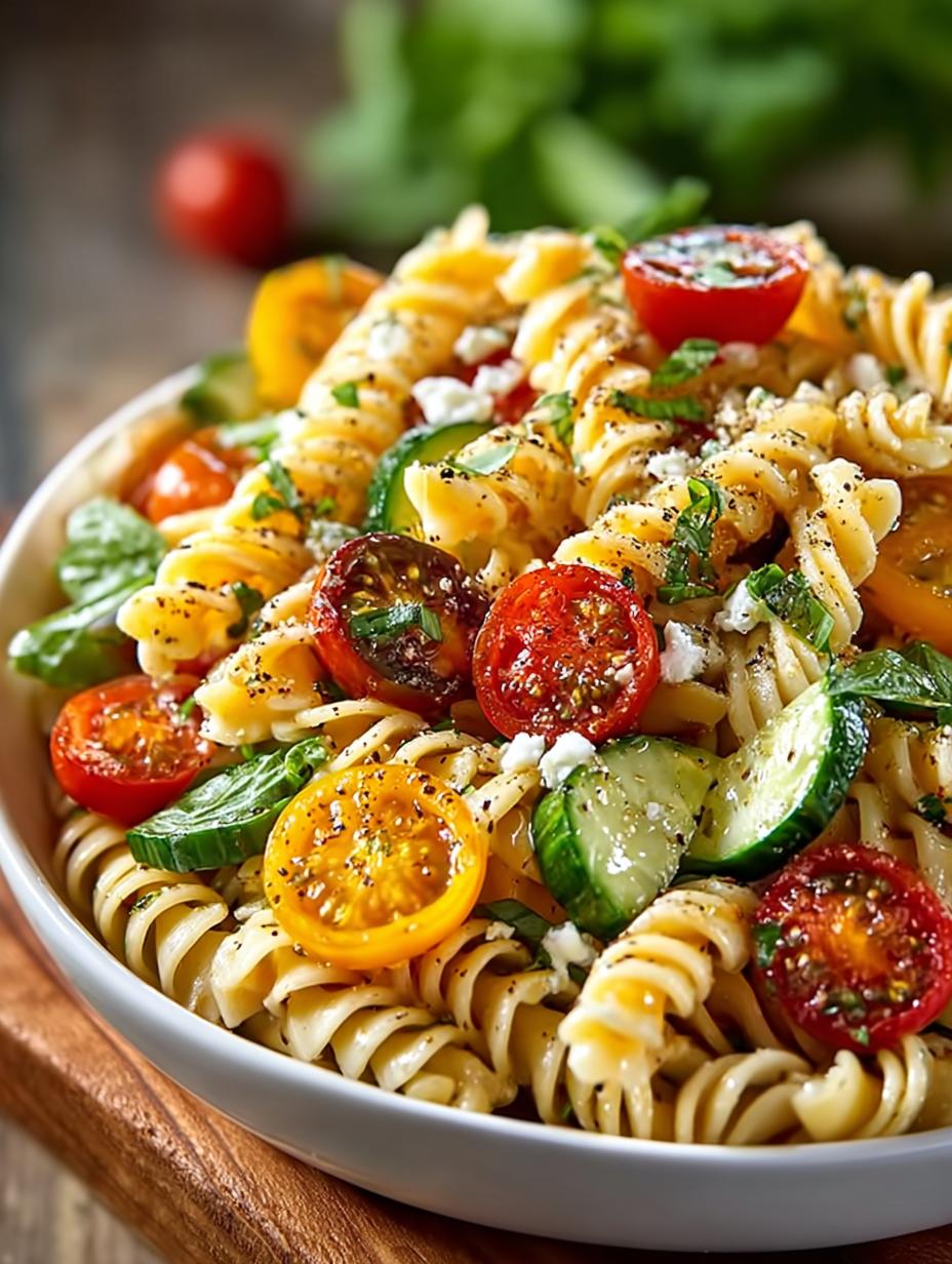 Heerlijke Ranch Pasta Salade met verse groenten en romige dressing, perfect voor een zomerse maaltijd