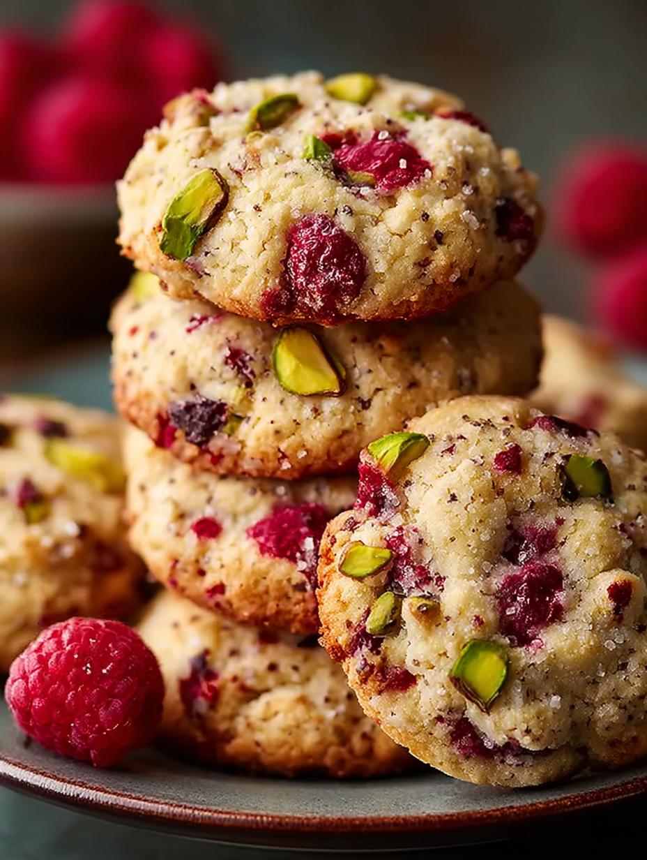 Heerlijke Raspberry Pistachio Heaven Cookies vers gebakken op een bakplaat, klaar om te proeven.