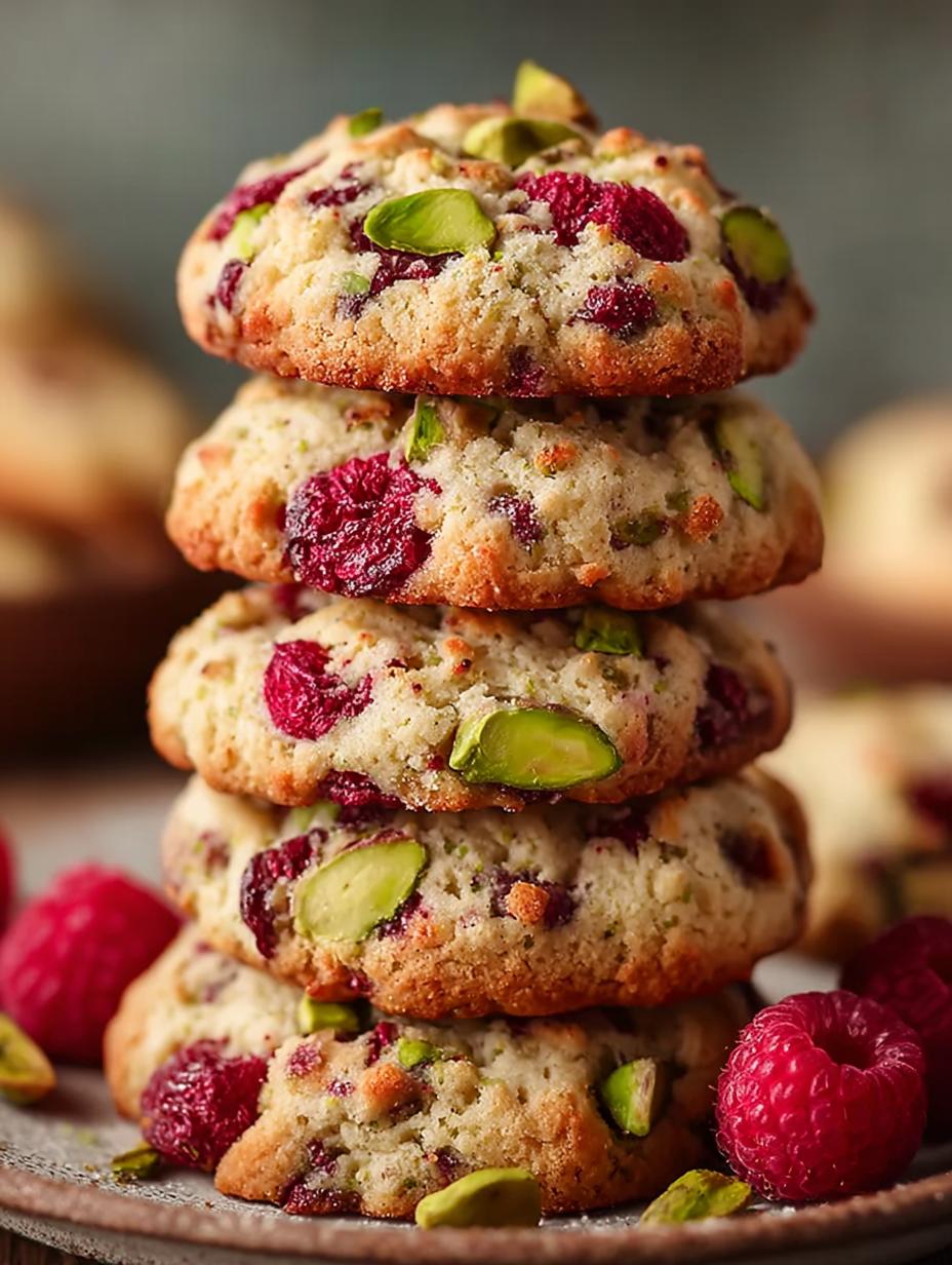 Close-up van een Raspberry Pistachio Heaven Cookie met zichtbare frambozen en pistachenoten.