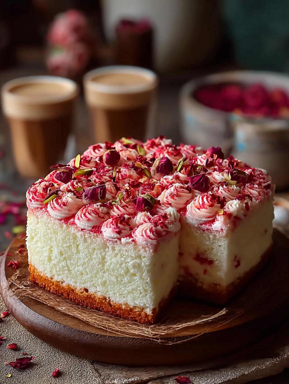 Close-up van een perfect gesneden stuk Rooh Afza Milk Cake, rijk aan rozenmelk en gegarneerd met pistachenoten.