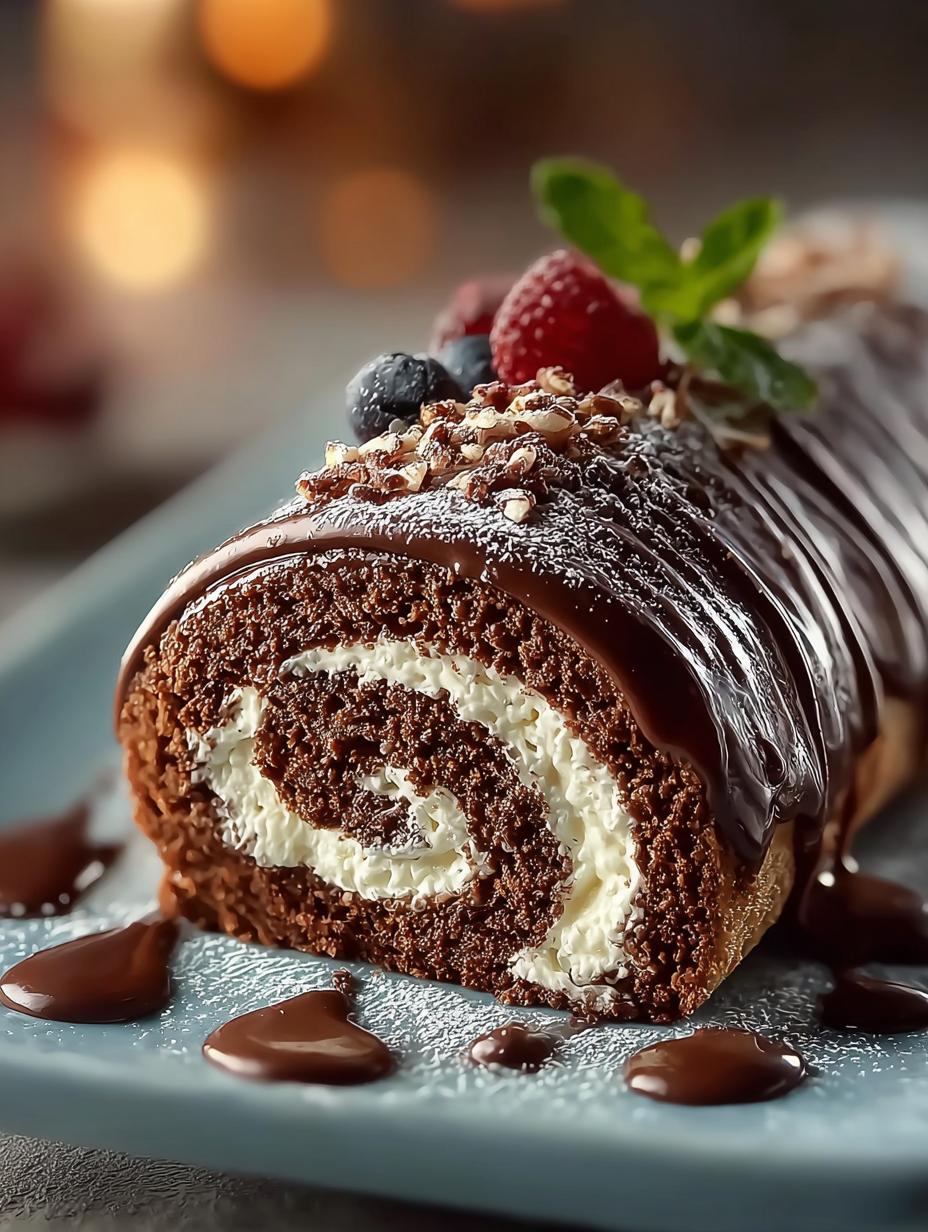 Heerlijke Schokoladen Rolle Nach Deutscher met romige vulling en chocoladetopping, klaar om geserveerd te worden