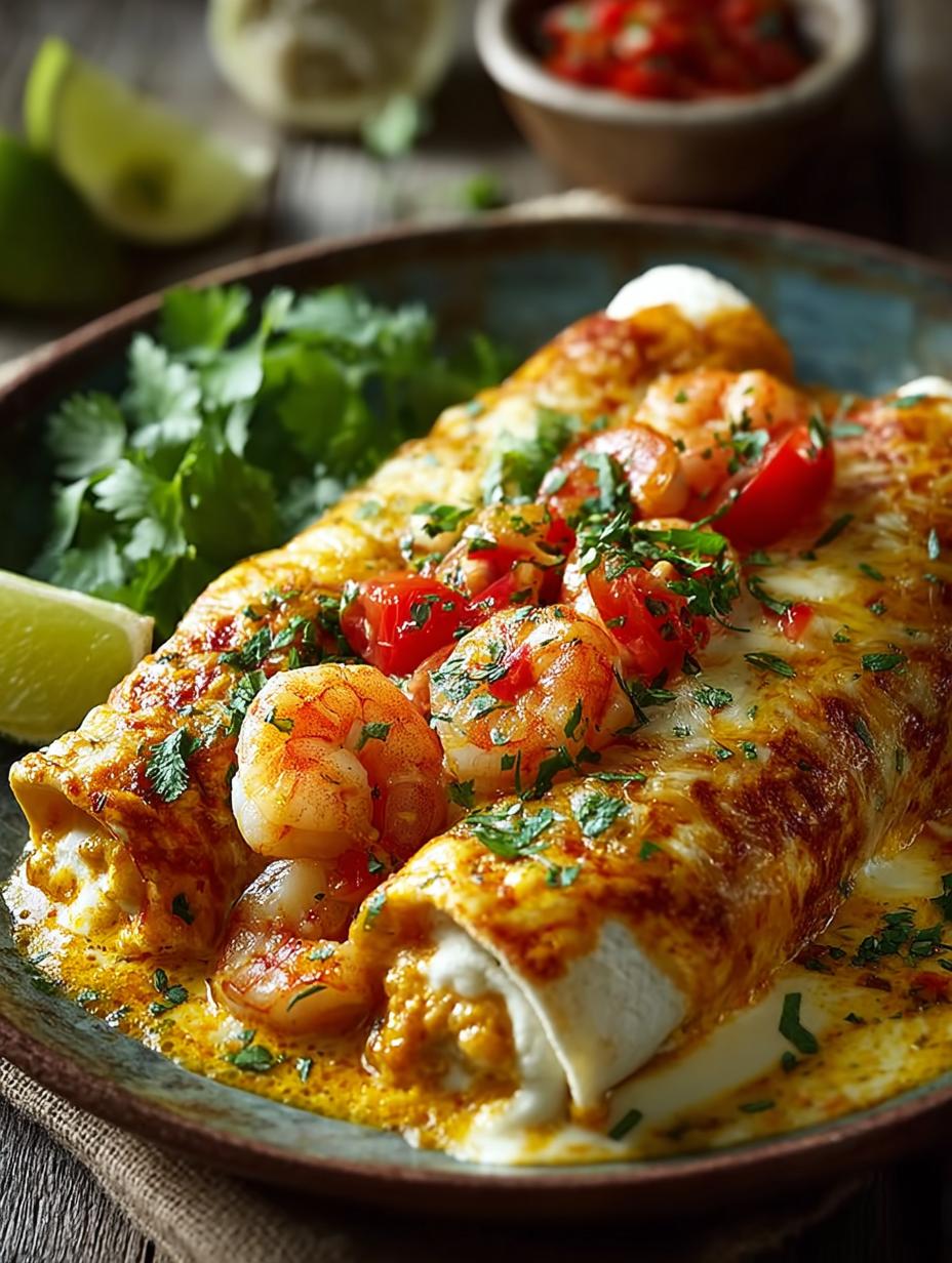 Verrukkelijke Garnalen Enchiladas met gesmolten kaas en verse koriander, klaar om te serveren