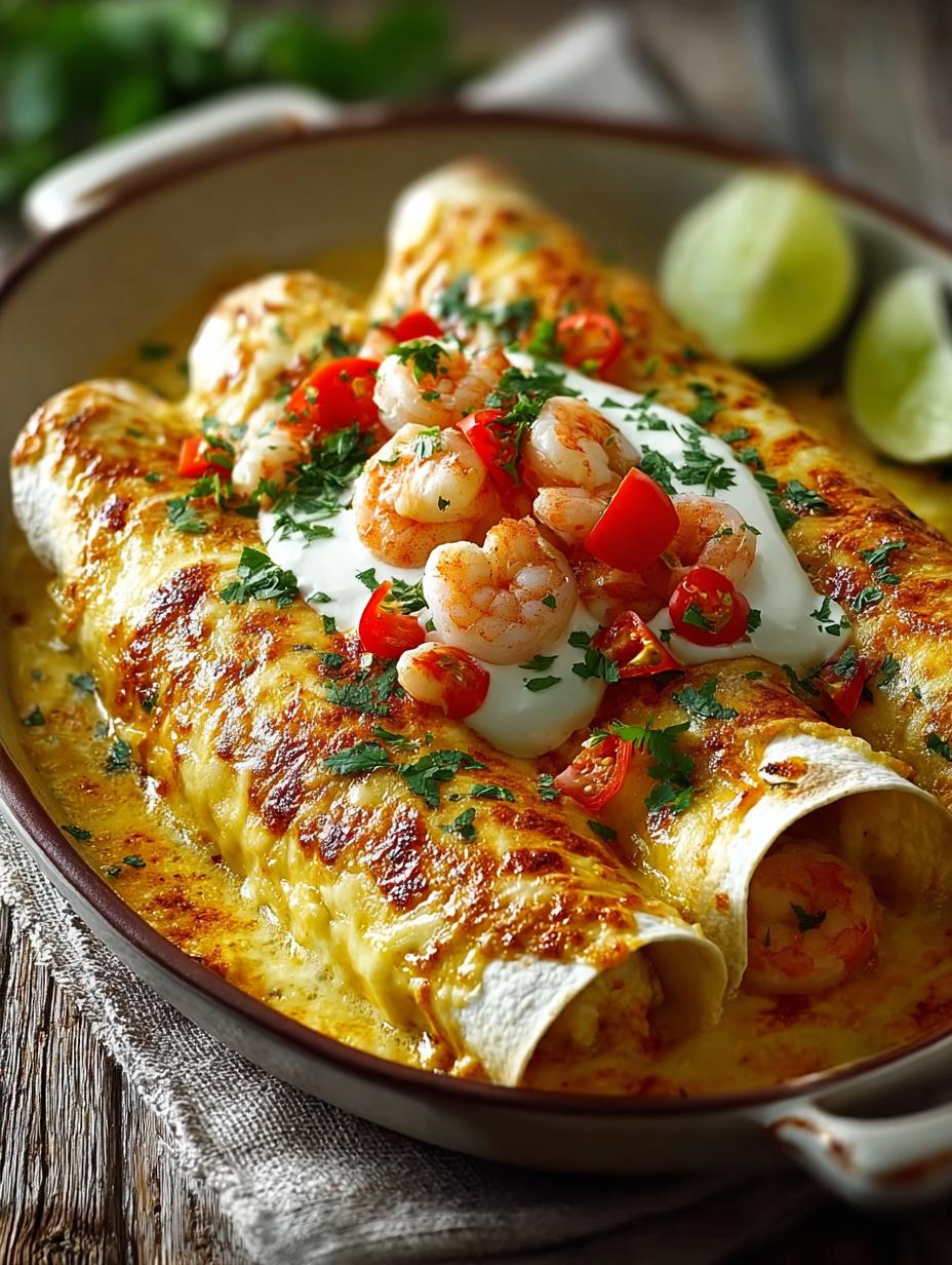 Smaakvolle Garnalen Enchiladas met rijke saus en verse garnering op een bord