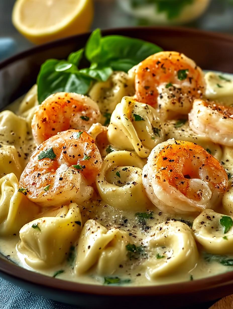 Shrimp Tortellini Alfredo: Een Hemelse Upgrade! - Romige Shrimp Tortellini Alfredo Pasta met verse garnalen en peterselie, klaar om te serveren