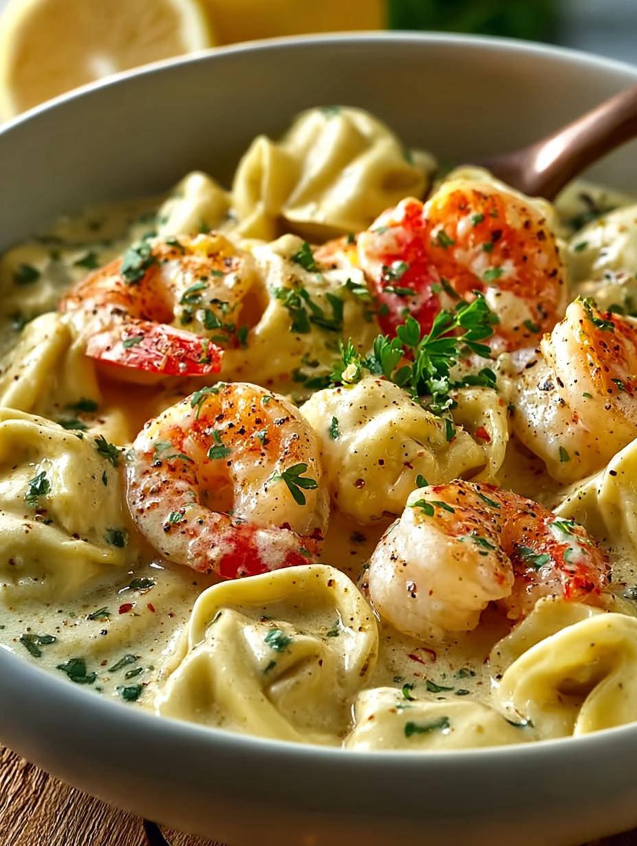 Shrimp Tortellini Alfredo: Een Hemelse Upgrade! - Close-up van romige Shrimp Tortellini Alfredo Pasta met verse peterselie en citroen