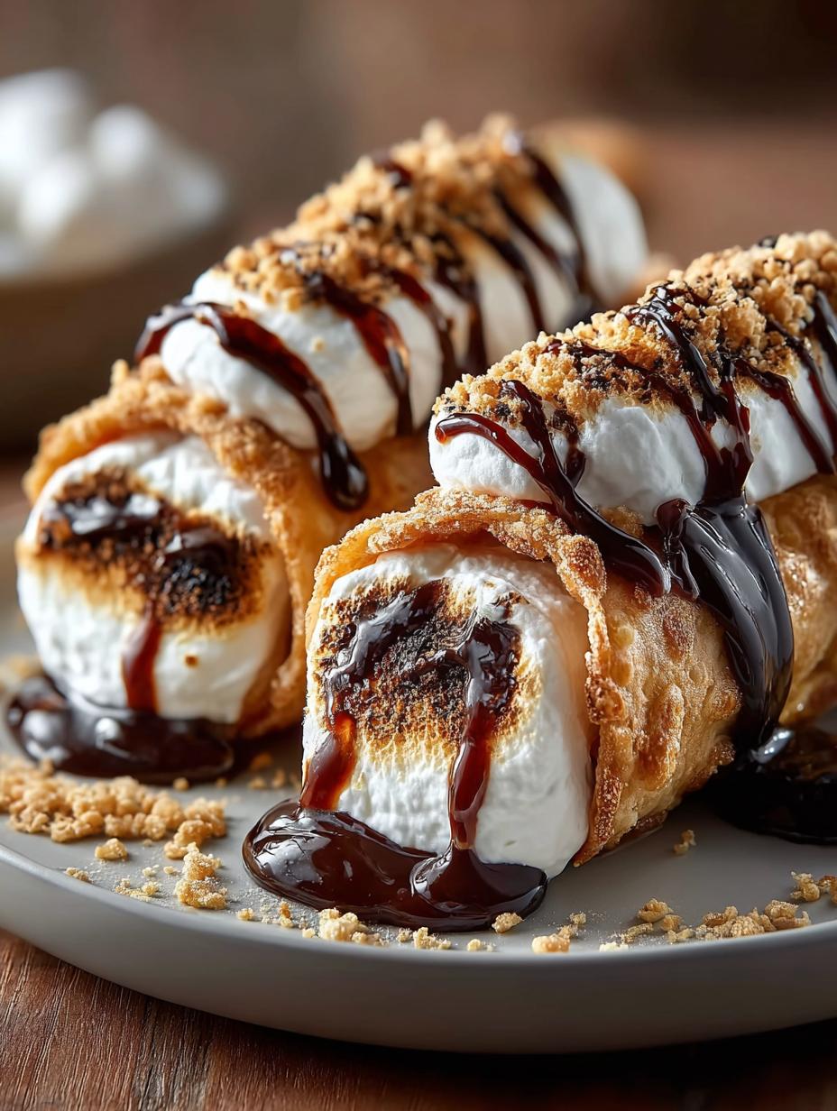 Heerlijke Smores Roll Ups, perfect goudbruin gebakken met gesmolten chocolade en marshmallows, klaar om te serveren.