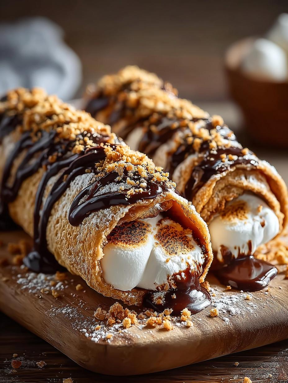 Close-up van een perfect gebakken Smores Roll Up, met gesmolten chocolade en geroosterde marshmallows die eruit sijpelen.