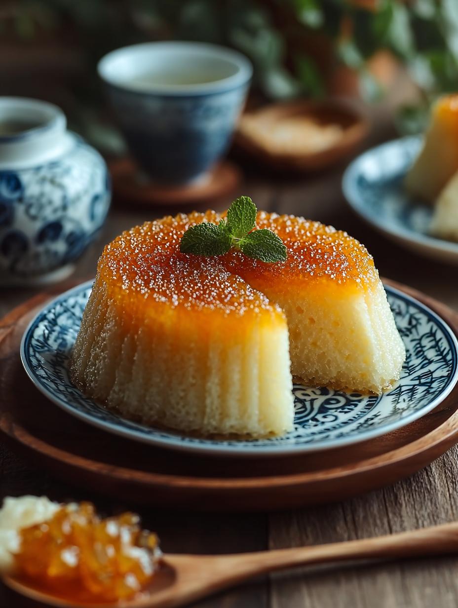 Close-up van een plak Steamed Vietnamese Honingraatcake met de kenmerkende veerkrachtige textuur