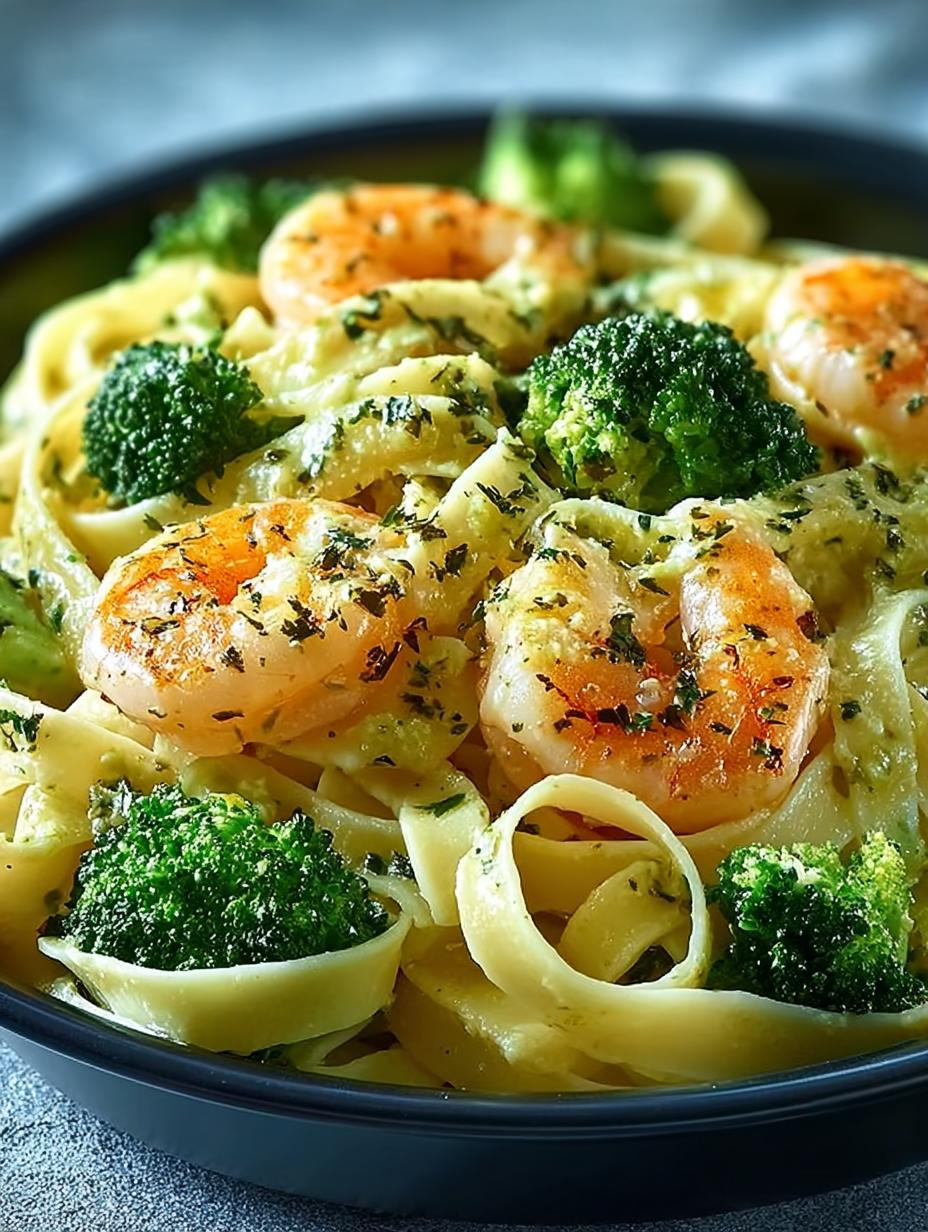 Heerlijke Tagliatelle Met Brokkoli En Garnalen, romige saus en verse kruiden, klaar om te serveren