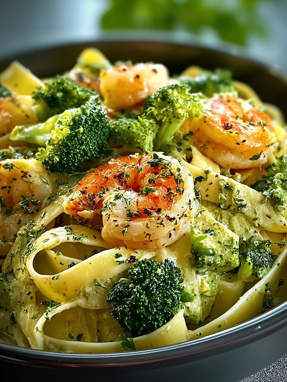 Close-up van romige Tagliatelle Met Brokkoli En Garnalen, perfect gegaard en klaar om te eten