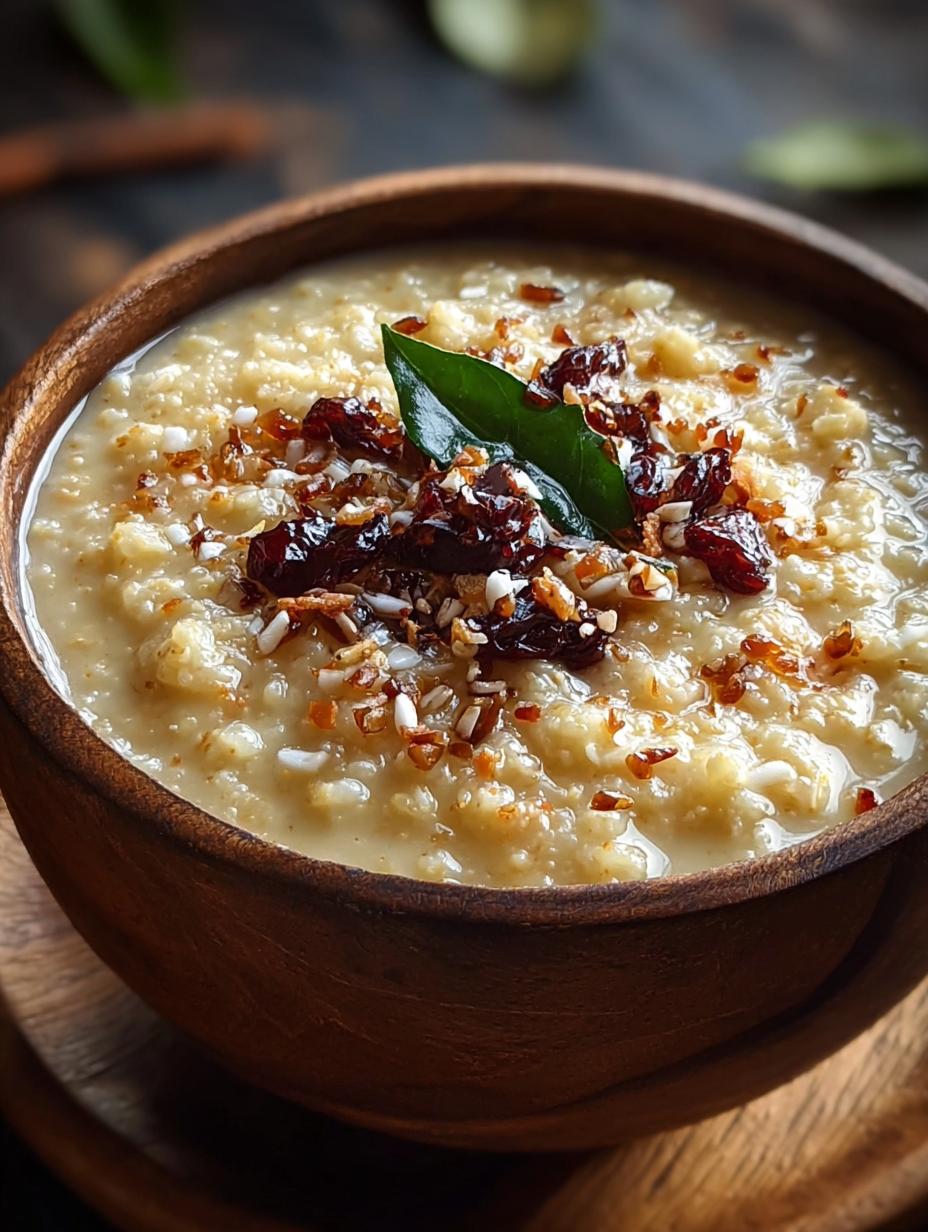 Thiruvathirai Kali Sweet Porridge: 1 Heerlijk recept! 6 Thiruvathirai Kali Sweet Porridge in een kom, gegarneerd met noten en een lepel