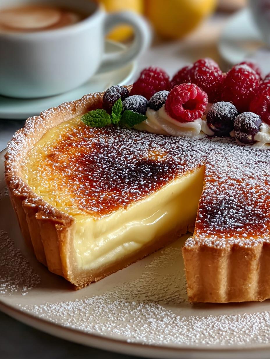 Close-up van een perfect gesneden stuk Vanillepudding Tarte, met romige vulling en knapperige korst